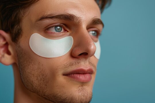 A young man applying under-eye patches while, promoting skincare and wellness. Copy space. Blue background
