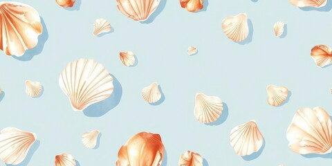 Abstract watercolor seamless pattern with delicate sea shells on a light blue background, background, abstract, marine