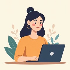 Flat design icon style Illustration of young woman learning or working on laptop, plants around her, pastel background. Remote work, freelance and online education concept