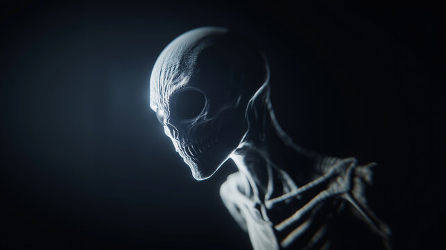 Imagine a grey alien standing in the shadows, with its highly detailed features and smooth, textured grey skin illuminated by a faint, ambient light. The alien's large eyes are dar