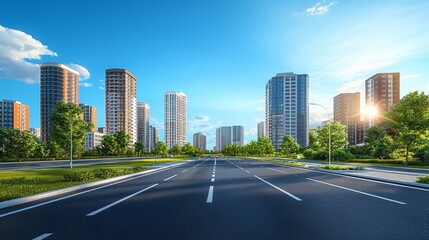 Obraz premium ultrasharp cartoon photography of a beautiful modern city with modern skyscraper in the background, and with an asphalt street in front, sun is shining, blue heaven without clouds, 