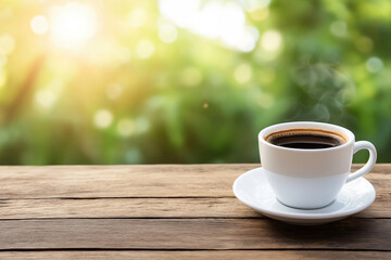 Obraz premium Morning coffee on a rustic wooden table with sunlight shining through greenery