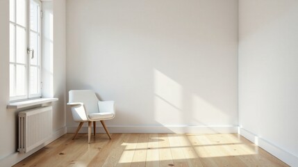 Fototapeta premium Serene Minimalist Room Interior Design with a Single Modern Chair, Sunlight Streaming Through a Window, and Light Wood Floors