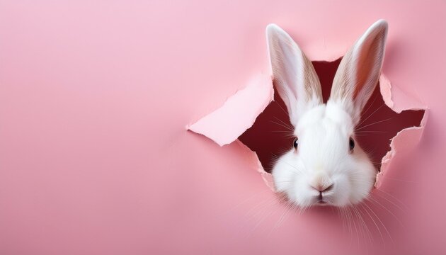 Wei&szlig;er Hase durch rosa Papier &ndash; Verspieltes Ostermotiv f&uuml;r das Osterfest