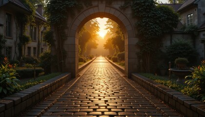 Fototapeta premium Sunlit stone path through archway, garden estate