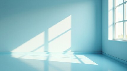 Serene Empty Room with Light Streaming Through Window Illuminating Pale Blue Walls and Floor