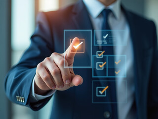 Businessman Touches Virtual Checklist Interface, Symbolizing Efficient Workflow, Success, And Goal Management In A Professional Setting. 00003