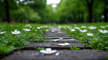 Fototapeta premium White Flowers Path, Green Nature, Spring