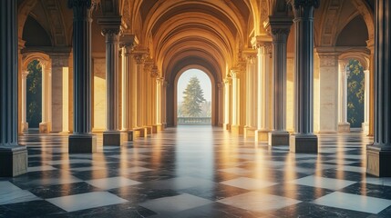 Elegant marble floor glowing softly under grand architectural arches