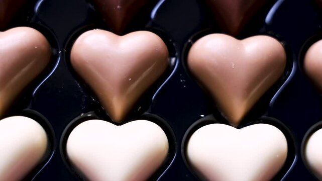 Chocolate hearts for Valentine's Day.Valentine Day chocolate candy set heart shaped gift. Romantic love greeting present milk choco dessert 4k footage