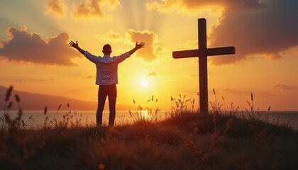 Young man at a cross, rejoicing in sunrise at Easter, uplifting and joyful mood, on a hill