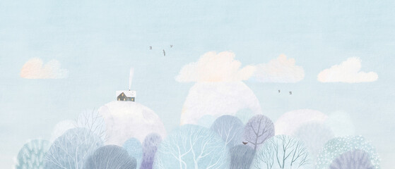 Cute winter landscape. Winter forest, snowy hills and lonely house. Watercolor winter wallpaper. Blue colors. Blue Landscape.