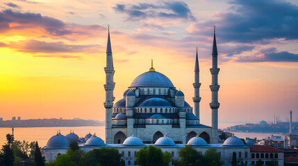 Naklejka premium Scenic Silhouette of Iconic Mosque at Sunset with Colorful Sky and Water Reflections : Generative AI