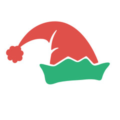 A stylized graphic of a red elf hat with a curled tip