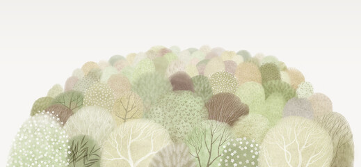 Cute summer watercolor illustration. Abstract green forest. Wildlife. Forest view. Horizontal border. Summer forest wallpaper.