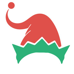 A stylized graphic of a red elf hat with a curled tip