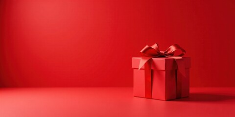 Obraz premium A Single Red Gift Box with a Lush Red Ribbon on a Matching Red Background