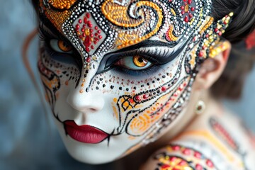 Naklejka premium Traditional makeup with intricate details, combining bold colors and cultural symbolism