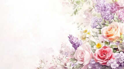Soft pastel roses, lilacs, and other spring flowers in a watercolor style border design.