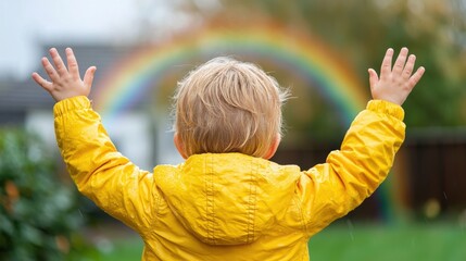 Child in Yellow Raincoat Reaching for Rainbow