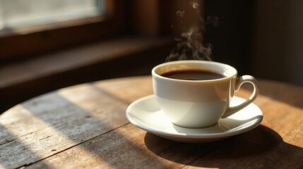 Fototapeta premium Aromatic Coffee Steam Rising from a White Mug on a Rustic Wooden Table in Sunlit Room