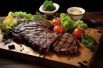 Grilled Minute Steak with Veggies. Delicious Bar-B-Q Meal of Tender Calf Escalope Slice