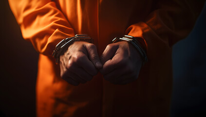 A close-up captures a handcuffed convict in an orange prison jumpsuit during a trial. The accused lawbreaker faces the verdict and is sentenced to jail time.