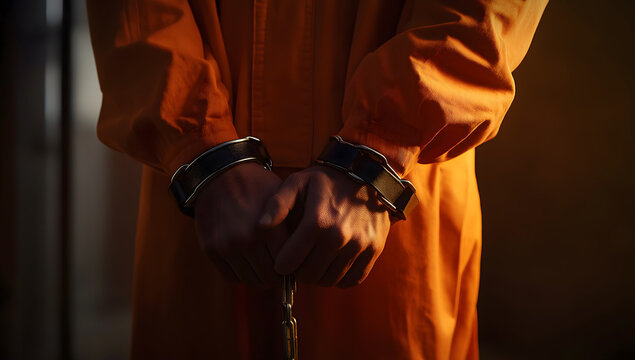 A handcuffed criminal in an orange jumpsuit stands trial in a cinematic courtroom close-up. The lawbreaker is sentenced to jail time for their crimes.