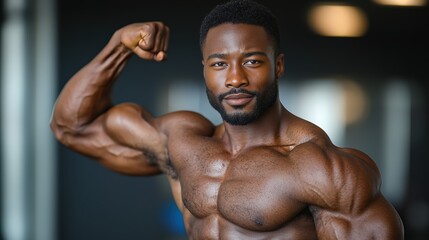 Fototapeta premium Strong Man Flexing Muscles in Gym
