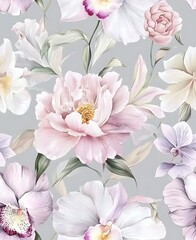 a close up of a flower pattern with pink and purple flowers
