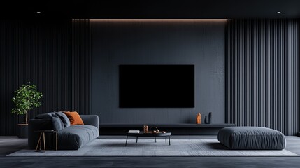Modern dark living room interior design, TV mockup, minimalist home decor