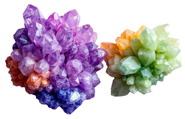 Fototapeta premium Two clusters of colorful crystals, one purple and one yellow green on light purple background