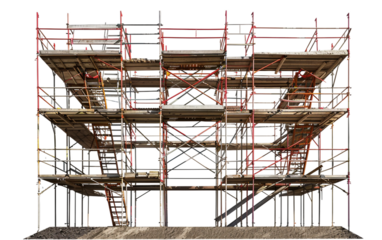 Scaffolding and ladders installed at a construction site for worker access Isolated on Transparent background PNG