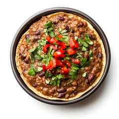 Traditional Refried Beans in a Black Ceramic Bowl