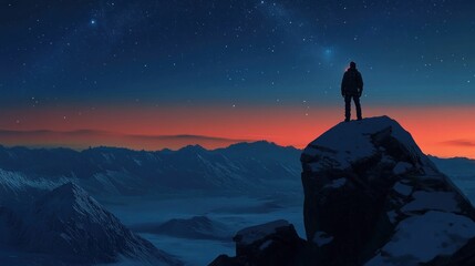Solitary figure silhouetted against a breathtaking mountain sunset and starry night sky.