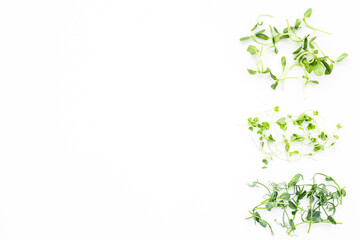Fresh sprouting microgreens, top view. Sprouted peas seeds micro greens. Vegan food