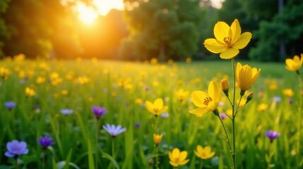 Obraz premium Golden Hour Meadow Vibrant Yellow Wildflowers Basking in the Sunset Glow, a Serene Pastoral Scene of Blooming Beauty