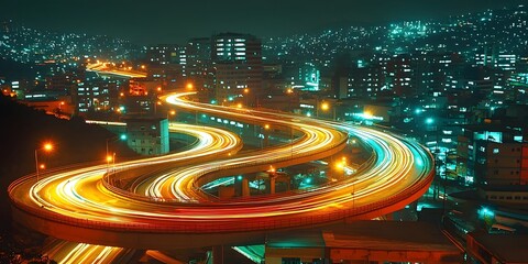 Futuristic Cityscape at Night with Autonomous Cars on Glowing Smart Road Networks