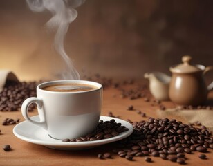 A steaming hot coffee in a ceramic cup next to a pile of whole coffee beans , office, table, morning