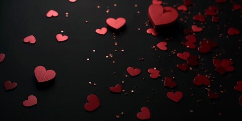 A captivating image featuring numerous red heart-shaped objects of varying sizes, some slightly raised, scattered over a deep black background