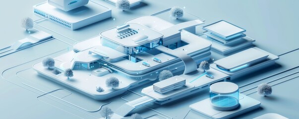 blue and white , Advanced smart city, science and technology building design, isometric design, small parts of frosted glass texture, close-up, 1080P, super detail, award winning, high quality , large