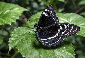 Naklejka premium A striking black butterfly with white spots on its body is resting on a leaf with green veins, leaf with veins, insect rest, garden scene