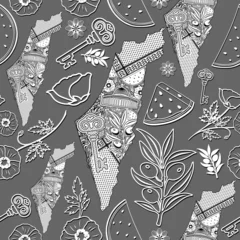 Palestine Map patterned with Decorative elements, with Palestinian Symbols assembled to compose a Seamless Textile Repeat Pattern
