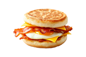 Delicious breakfast sandwich with bacon cheese and egg on a toasted english muffin