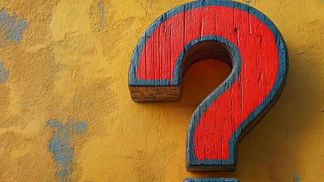 A large red question mark on a textured yellow background.