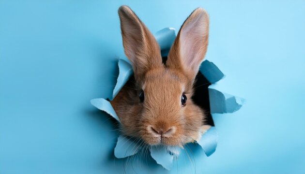 Brauner Hase durch hellblaues Papier &ndash; Charmantes Motiv f&uuml;r das Osterfest