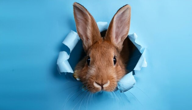Brauner Hase durch hellblaues Papier &ndash; Charmantes Motiv f&uuml;r das Osterfest