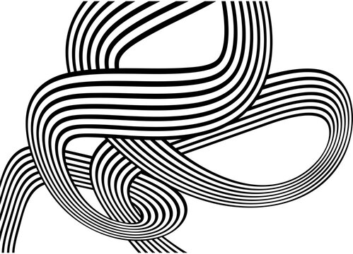 Abstract intertwined ribbons of black parallel lines on a white background. Universal swirl pattern. Vector background in retro style. Hair