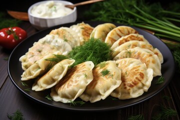 Homemade Polish Pierogies with Potato, Cabbage and Cheese. A Delicious Dinner Dish Boiled and Cooked to Perfection