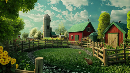 Obraz premium A green farm with small house is a peaceful, sustainable haven with lush fields and thriving crops 